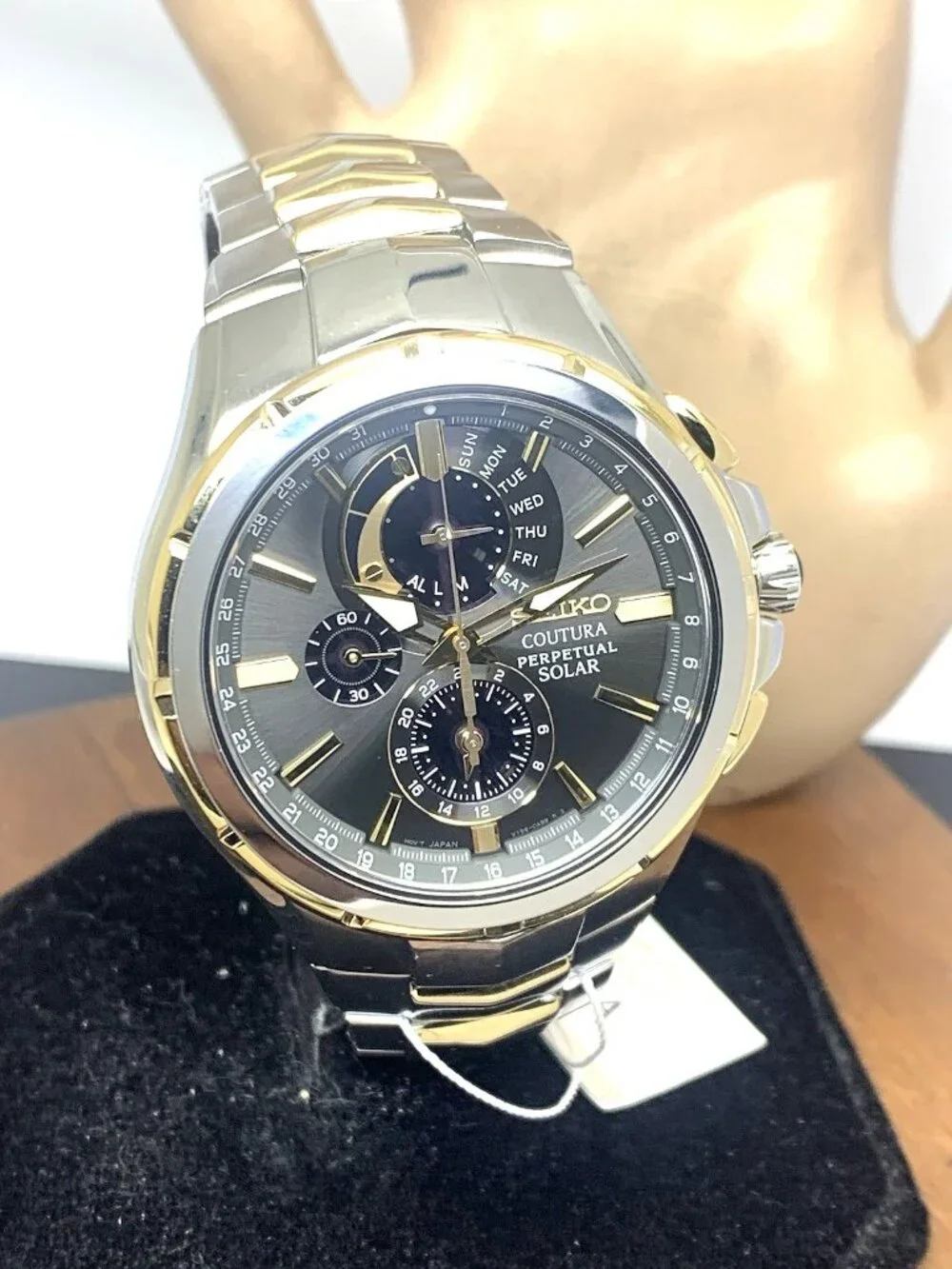 Seiko Men's Watch SSC376 Coutura Black Dial Solar Chronograph Two Tone Steel